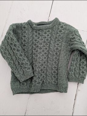 Kids 100% Merino Wool Cable-Knit Sweater in Sage Green